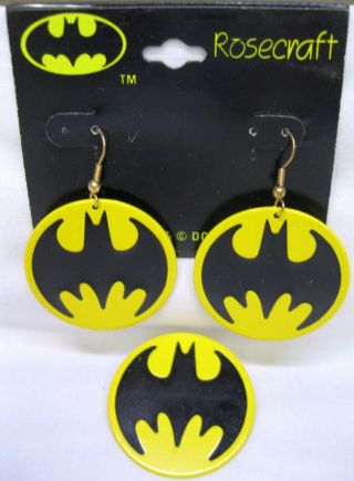 Vtg Nos 1964 Batman Large Dangle Earrings & Batman Logo Pin Tm Dc Comics