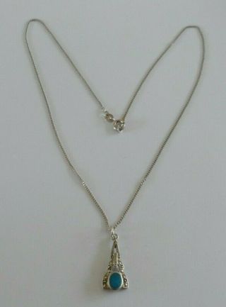 Vintage Silver Necklace With A Marcasite And Blue Stone Pendant Drop.