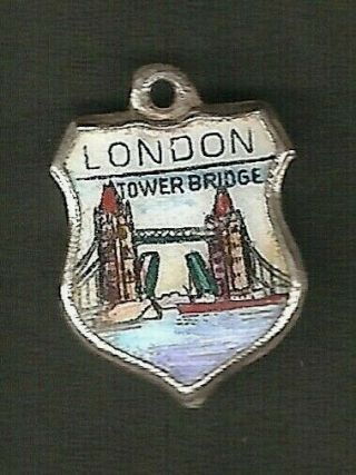 London Tower Bridge - Vintage Stirling Silver Enamel Shield Bracelet Charm.