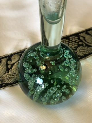 Green Hand Blown Vintage Glass - Bud Vases W/ Paperweight Bottom Bubble Glass - 6 