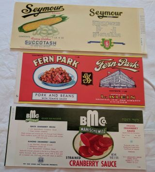 3 Vintage Can Labels,  Manischewiwtz,  Seymour,  And Fern Park,  1 Lb.  Size