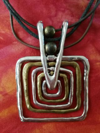 Vintage Modernist Metal Necklace With Tricolor Leather Cord Brutalist Signed " N "