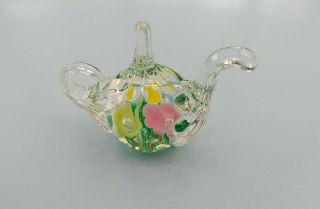 Vintage Joe Rice Glass Paper Weight - Pastels Flower Teapot Ring Holder 1990 