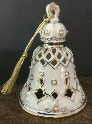 Vintage Lenox Christmas Bell Ornament Ivory W/ Pearls & Gold Trim Porcelain