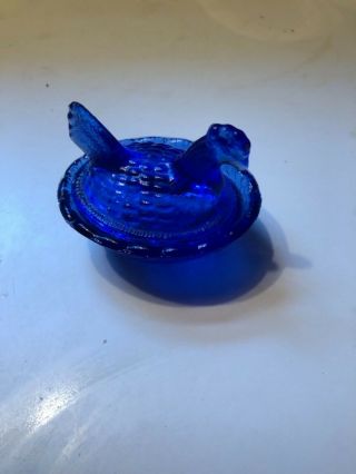 Vintage Miniature Glass Chicken Hen On Nest Dark Cobalt Blue Salt 2” 3
