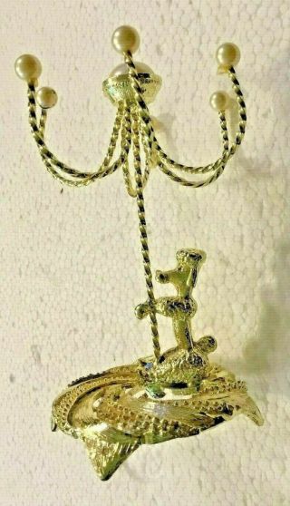 Vintage Gold Tone Poodle And Faux Pearl Jewelry Tree/stand/holder