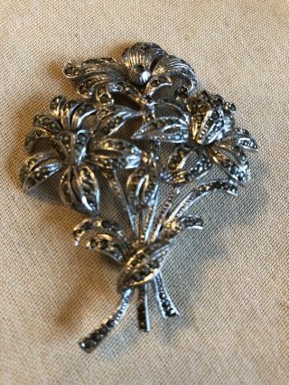 Vintage Signed Large Silver Marcasite Flower Brooch.  Pristine Cond.