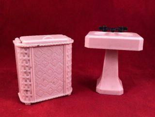 Vintage Plastic Renwal Doll House Furniture Pink Bathroom Pedestal Sink Hamper