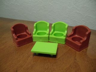Vintage Fisher Price Little People Living Room Arm Chairs Green & Brown W/table