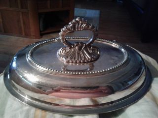 Vintage Oval Silver Plated Side Dish Serving Platter Lid Cover Ornate Handles