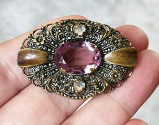 Vintage Czech Jewellery Purple Amethyst Crystal Agate Rhinestone Gold Brooch Pin