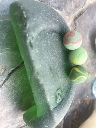 Beach Sea Glass Bottle Bottom Fat Emerald Green Opaque Marbles Vintage