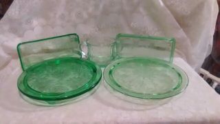 7 Vintage Green Depression Glassware Dishes Juicer - Candy - Decanter - Plate