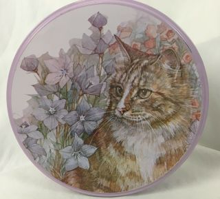 Vintage 1981 Delma Enesco 7.  75 " Round Metal Tin With Lid Floral W/ Cat Hong Kong