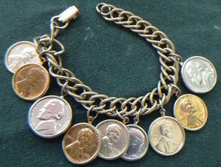 Vintage Retro Us Coin Charm Bracelet Silver Dime Wheat Penny