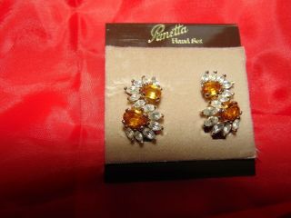 Vintage Panetta Yellow Clear Rhinestone Floral Earrings Signed Clip On