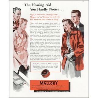 1948 Mallory: The Hearing Aid You Hardly Notice Vintage Print Ad