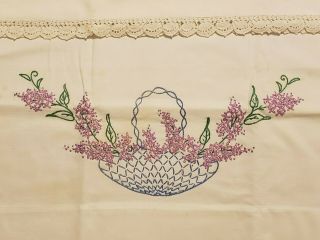 Vintage Pair White Pillowcases Embroidered Lilacs Hand Crocheted Edging