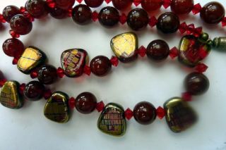 Vintage Red Glass Bead Necklace With Gold Highlights