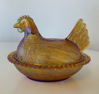 Vintage Indiana Carnival Glass Chicken Hen Candy Dish