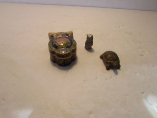 Vintage Cloisonne Enamel Brass Owl Trinket Box Collectible 2.  1/2 " Owl Tortoise