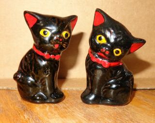 Vintage Japan Halloween Black Cat Salt Pepper Shakers Red Clay Pottery Shafford?