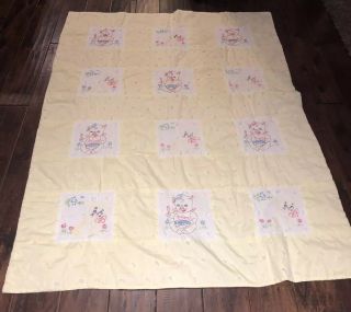 Vintage Embroidered Tied Baby Quilt,  Yellow,  Pig,  Kitten