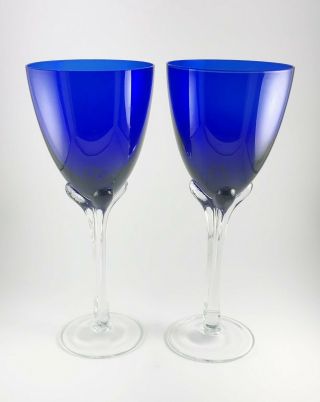 2 - Vintage Cobalt Blue Wine Glasses Stemware With Clear Stem 9 3/4 " H