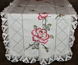 Vintage Handmade Embroidered Red Rose Dresser Scarf 40 " By 17 "