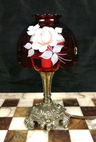 Vintage Westmoreland Hand Painted Artist Signed Cranberry Glass Table Lamp Rose