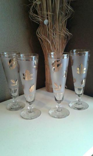 Vintage Libbey Glass Gold Leaf Pattern Set Of 4 Champagne Glass Footed