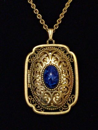 Vintage Avon Antique Locket Pendant With Blue Stone Chain Necklace