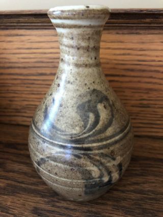 Vintage Lynn Lias Hand Thrown Pottery Small Vase Iris Motif Brown Green Glaze