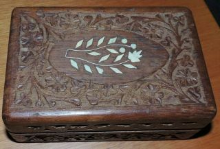 Vintage Hand Carved Wood Inlaid Trinket Box Hinged Lid 5 3/4 " X 2 3/4 " X 3 3/4 "