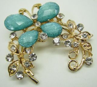 Vintage Gold Tone Brooch Pin Aqua Blue Shimmer Rhinestones Butterfly Crystals