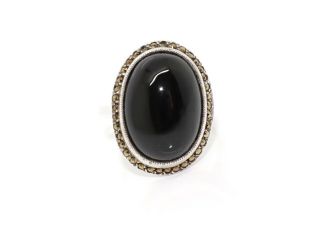 A Vintage Art Deco Style Sterling Silver 925 Large Onyx & Marcasite Ring