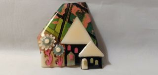 Whimsical Artist Vintage Plastic Colorful House Brooch