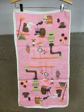 Vintage Mcm Linen Kitchen Tea Towel De Antonio Pink Cat Country Store 15 X 27 "
