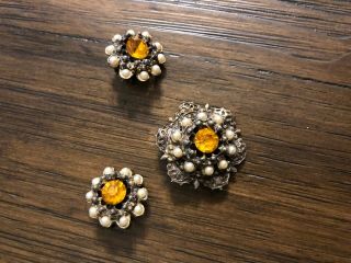Vintage Clip Earring & Pin Set In Silver - Tone With Pearls & Large Orange Beads