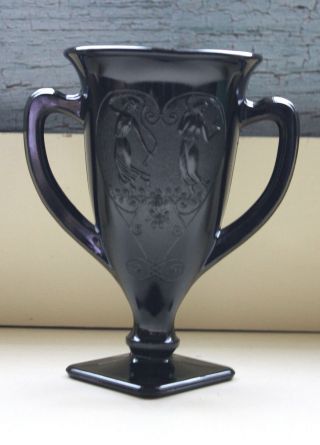 Vintage L.  E.  Smith Black Glass Dancing Nymphs 2 - Handled 7 " Loving Cup Vase