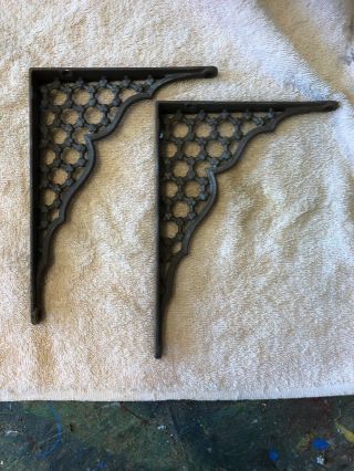 Pair Vintage Ornate Cast Iron Shelf Brackets 8” X 6”.