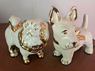 Vintage Pair Cream / Gold Luster Dog Figurines Bone China Terrier & Pekingese