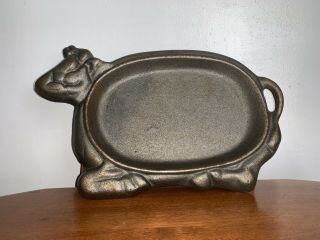 Antique Heavy Cast Iron Bull Cow Shaped Sizzling Steak Plate Vintage Bbq Skillet