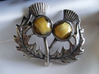 Double Scottish Thistle Brooch Vintage Glass Tigers Eye Celtic Pin Highland