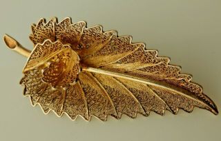 Vintage Gold Gilt Filigree Plant Leaf Brooch Pin Art Deco - 1950s