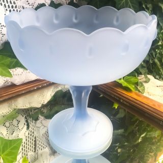 Vintage Indiana Satin Glass Sky Blue Large Compote Frosted Candy Dish 7.  5”x7.  5”