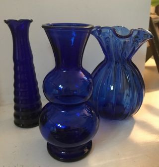 Vintage Cobalt Blue Glass Vases - Set Of 3 - 6 - 1/4 Inches Tall