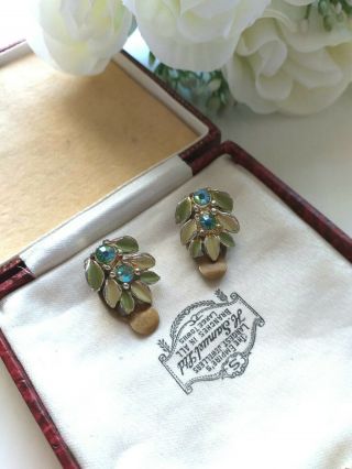 Vintage Jewellery - Clip On Green Enamel Leaf Earrings With Ab Glass Stones.  Coro?