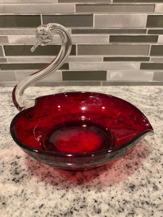 Vtg Duncan Miller Ruby Red Glass Swan Shaped Bowl/dish Clear Blown Neck -
