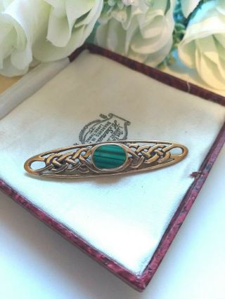 Vintage Old Jewellery - Sterling Silver Celtic Knot Brooch With Malachite Stone.